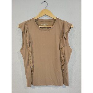 ARIAT Women's S Relaxed Fit Washed Jersey Tank Petrified Oak Ruffle Raw Hem